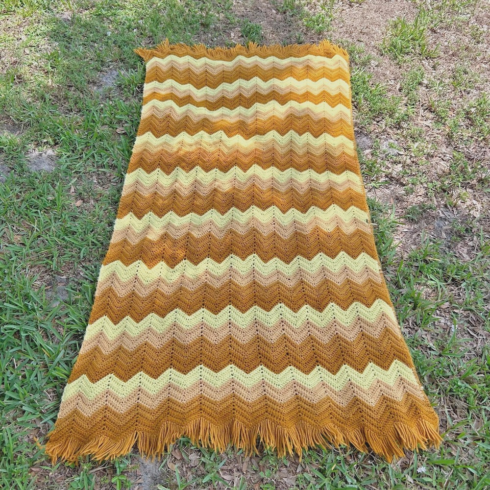 VTG Afghan Crochet Knit Handmade 80" x 36" Throw Blanket, Brown &‎ Yellow Shades